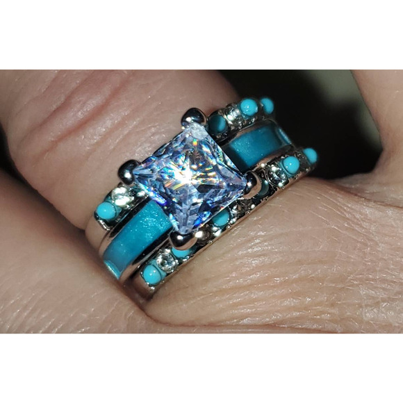 New 3-ring set Sz 6 Silver Turquoise Solitaire Band Stone Native Layered - Picture 5 of 8